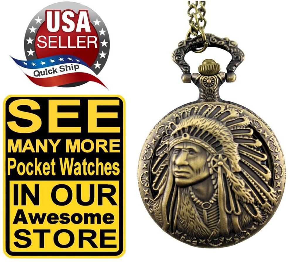 Native American Indian Chief Pocket Watch & Chain •Filigree Cover •Bronze Finish